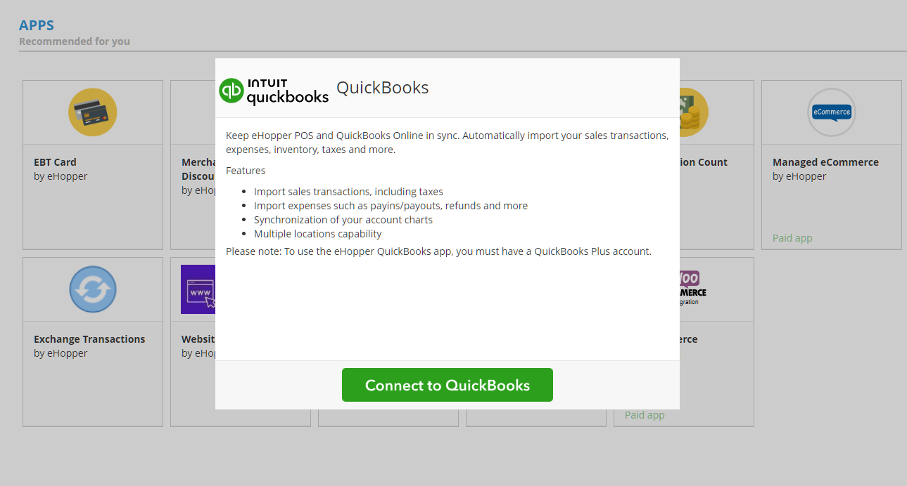 Connect To QuickBooks app via module window